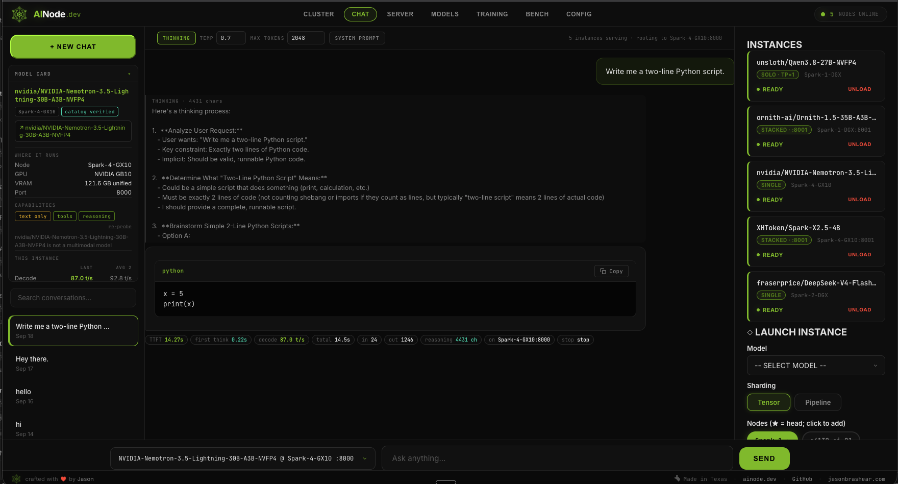 AINode chat screen: conversation with a local model showing reasoning trace and per-response speed stats