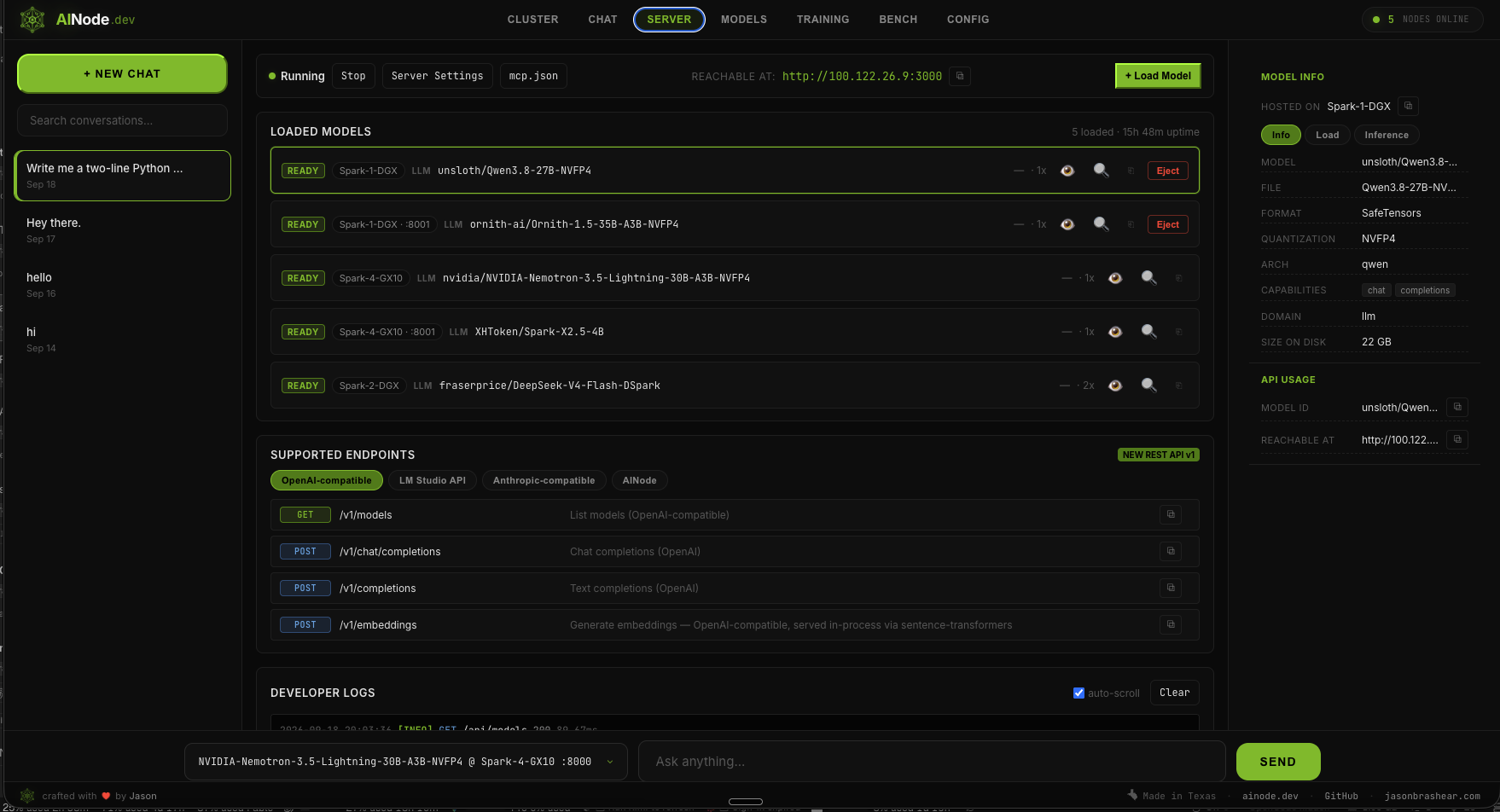AINode server view: loaded models, supported OpenAI-compatible endpoints, and developer logs